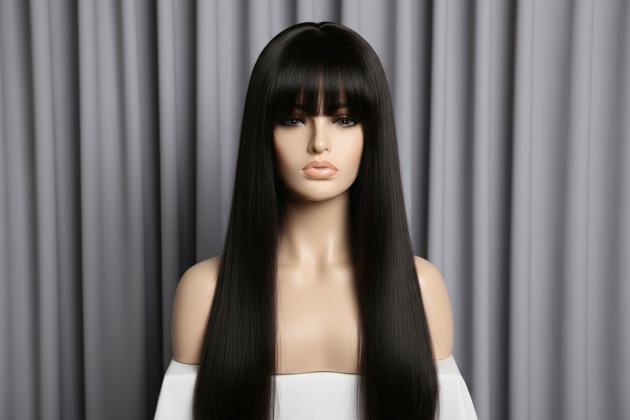 Straight Black Wig - Grey Curtain Background